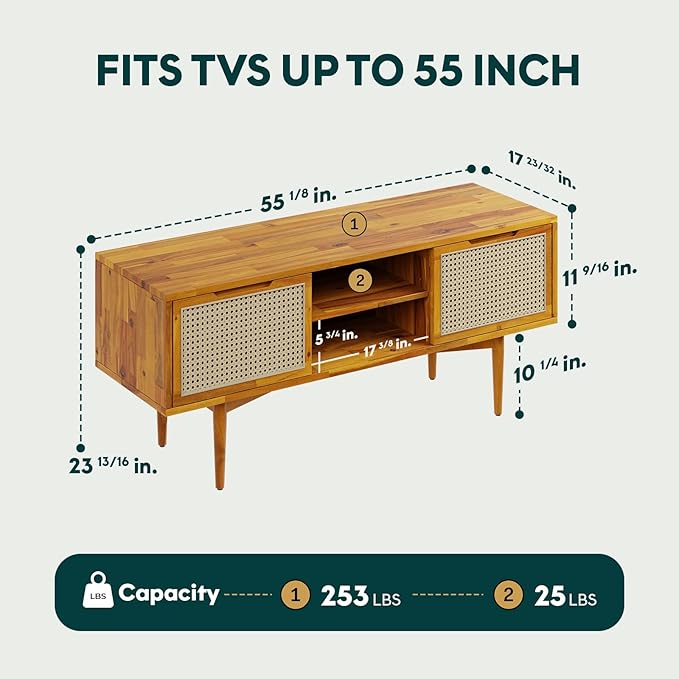 Bme Oliver TV Stand for TVs up to 55", Mid-Century Solid Wood TV Console with Natural Rattan Door, Media TV Console, Entertainment Center with Storage, Fluted Media Cabinet for Living Room, Caramel