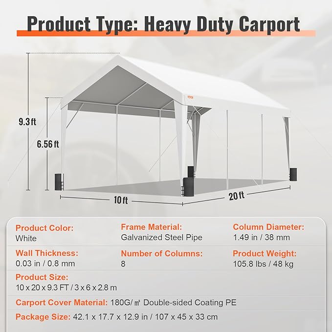 VEVOR Upgraded 10x20 ft Heavy Duty Carport Car Canopy, Car Port Garage Boat Shelter Party Tent with 8 Reinforced Poles and 4 Weight Bags, UV Resistant Waterproof Tarp for SUV, Truck, Boat