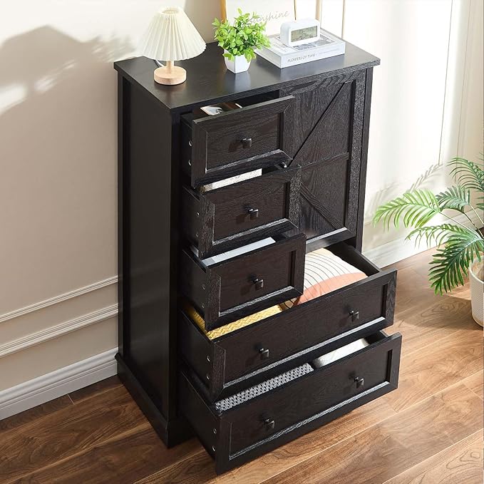 SOOWERY Dresser for Bedroom, Farmhouse Dresser with 5 Wooden Drawers and Storage Cabinet, 48 Inches Tall Chest of Drawers for Bedroom, Living Room, Hallway, Black