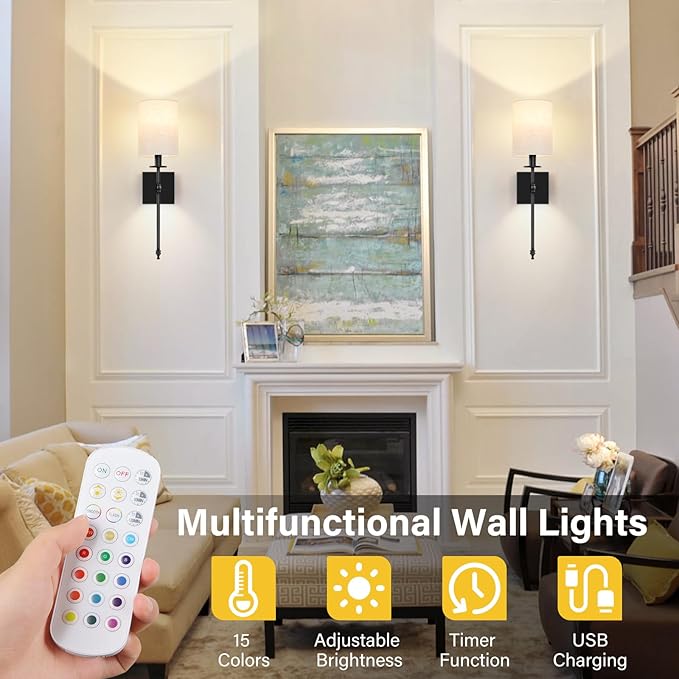 19.9 inch Battery Operated Wall Sconces Set of 2 with Remote, Rechargeable Wireless Wall Lights with Beige Fabric Shade, Indoor Not Hardwired Dimmable for Bedroom Living Room Decor