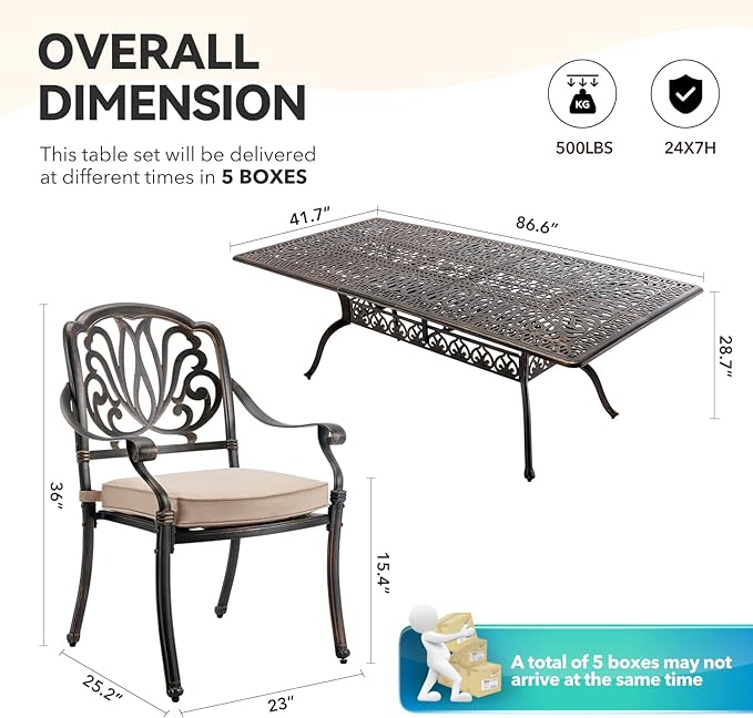 9-Piece Cast Aluminum Outdoor Dining Set Retro Patio Dining Set for 8 Includes 86.6’’ Rectangular Table and 8 Chairs with Removable Cushion and Umbrella Hole for Patio Deck Garden Porch