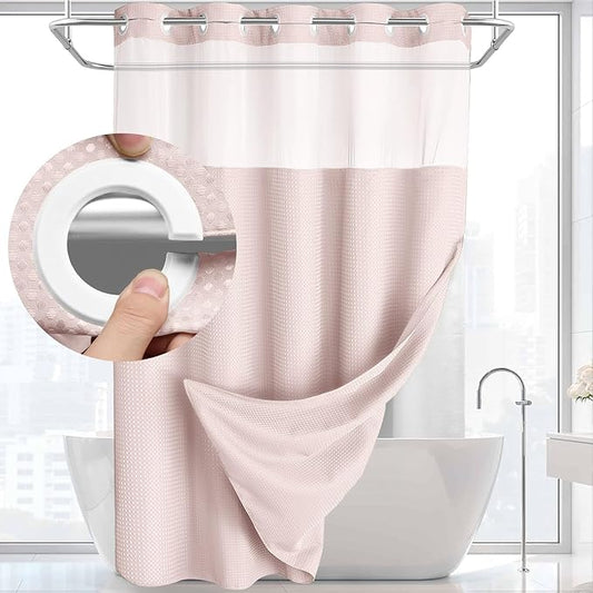 YellyHommy No Hook Shower Curtain with Snap in Liner Set Less Time Waffle Shower Curtain for Bathroom 75" L x 72" W Pink