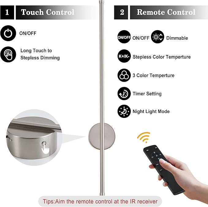 Battery Operated Modern Wall Sconces, Dimmable Wireless Wall Light Set of Two with Remote Control, 3 Color Temperatures, Rechargeable LED Wall Sconce for Bedroom, Living Room,Hallway, 27.6 Inch Nickel