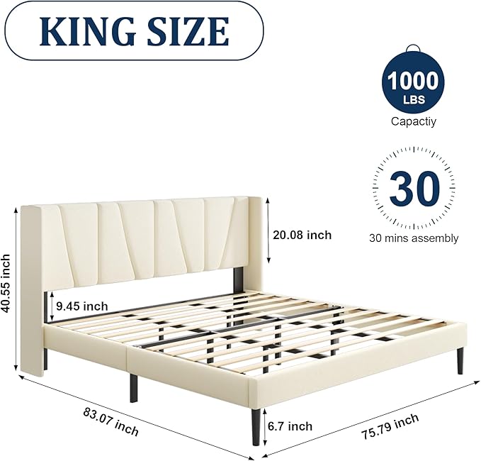 King Bed Frame with Headboard and Wingback, Velvet Upholstered Platform Bed, Mattress Foundation with Wooden Slat Support, No Box Spring Needed, Easy Assembly, Noise Free, Beige