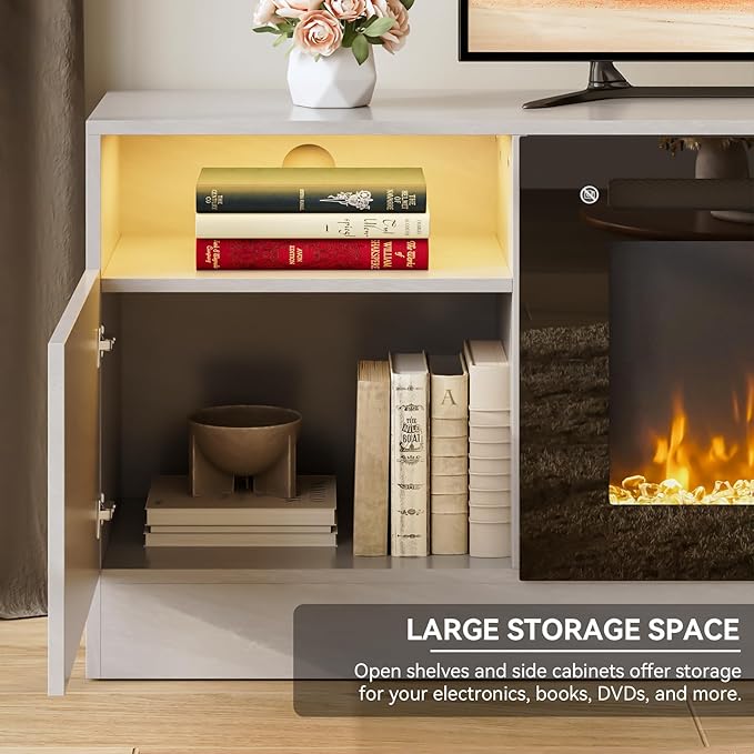 oneinmil 70” TV Stand with 36” Electric Fireplace, Large Modern Media Entertainment Center with Storage Cabinet and 12 Colors LED Lights for TVs Up to 80", Gray TV Stand and Black Fireplace