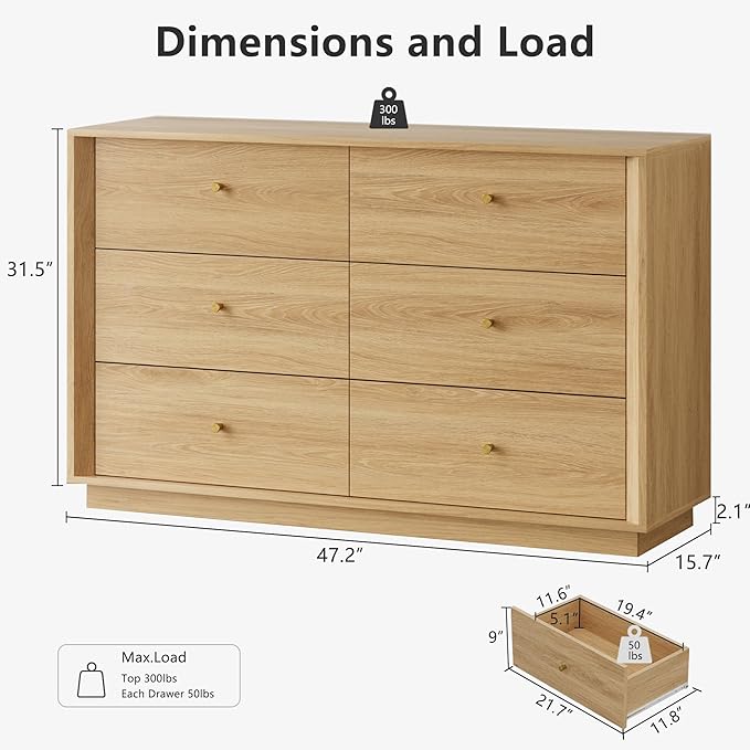 Mid Century Modern Dresser, 6 Drawer Dresser with Storage, 47" Wide Chest of Drawers with Wood Grain Texture, Drawers Organizer for Bedroom, Living Room, Hallway, Gold Oak