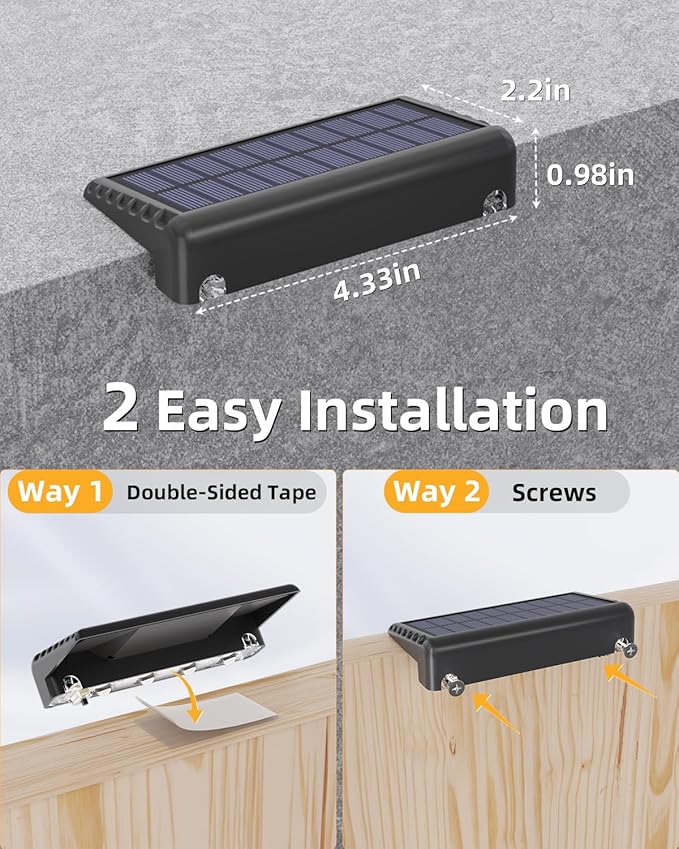 VOLISUN Solar Deck Lights 8 Pack, Warm White Glow LED Large Size Lamp, IP65 Waterproof Step Lights Outdoor for Deck, Step, Fence, Railing, Wall and Stairs (Black)