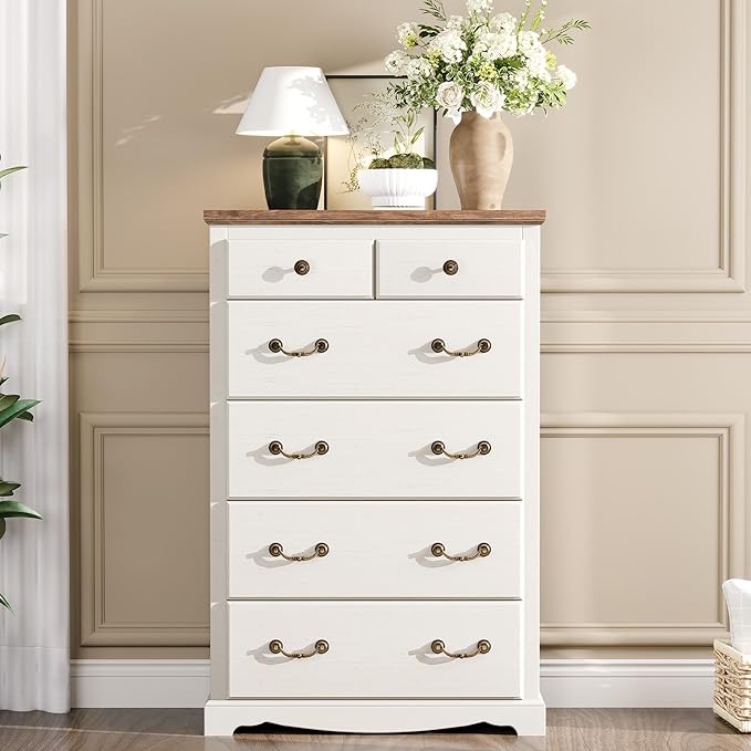 Farmhouse 6 Chest of Drawers for Bedroom, 48" Tall Wood Dresser with Bronze Retro Handles & 3D Drawer Fronts, Closet Dresser for Bedroom, Hallway, Antique White