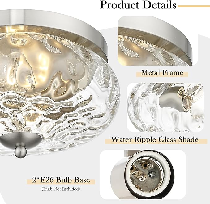 Darkaway Ceiling Light Fixtures Flush Mount Indoor Outdoor Ceiling Light with Water Ripple Glass Shade for Hallway Kitchen Bedroom Porch Living Room Nickel Finish