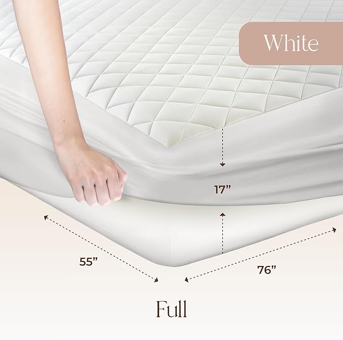 Whisper Organics Luxury Quilted Mattress Cover - Exquisite Softness, 100% Organic Cotton, 17-Inch Deep Pocket, Full, Pure White