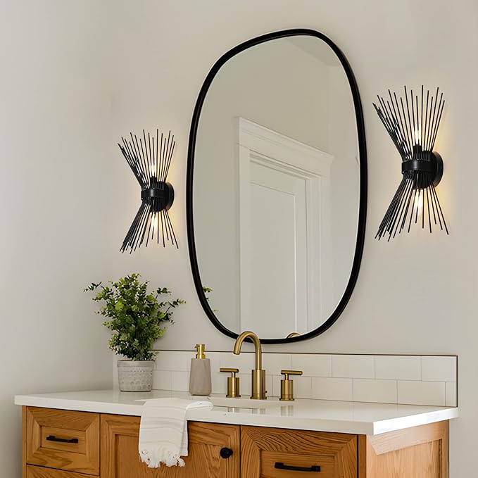 EDISLIVE 2-Bulb Vanity Light Mid-Century Modern Starburst Wall Sconce Lamp Sunburst Sconce- 11 x 4.7 x 15.8 Inches Wall Light for Powder Room Bedroom Bathroom (Black)