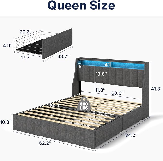 Queen Bed Frame with 4 Storage Drawers, Upholstered Queen Size Bed Frames with Headboard, Queen Size Bed Frame with LED Lights, Dark Grey