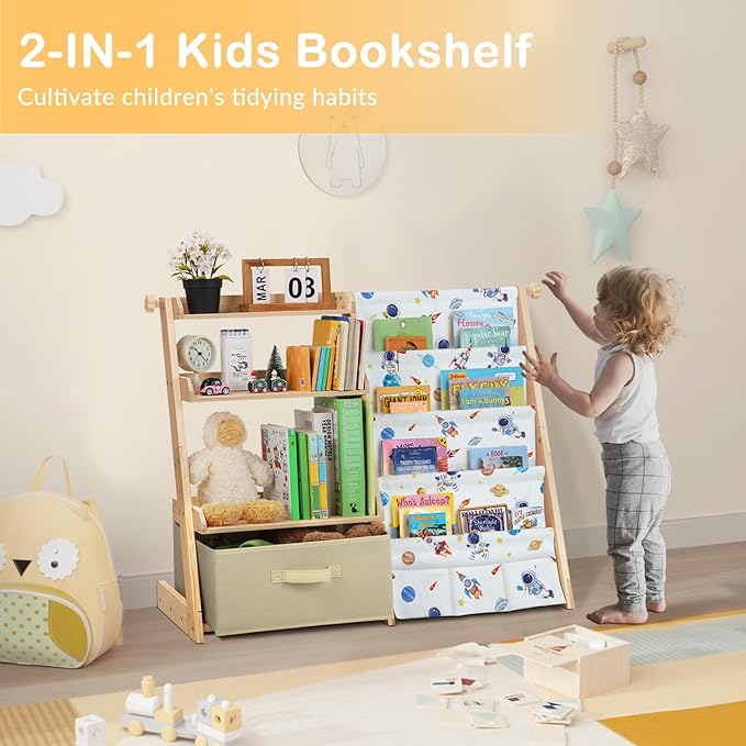 Kids Bookshelf and Toy Storage Organizer Wooden 2 in 1 Toddler Bookcase-4 Tier Book Shelf with Toy Box for Kids Room,Nursery,Playroom
