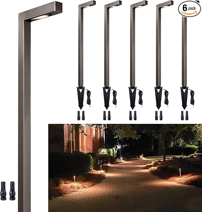 Outdoor Path Lights Brass, LED Landscape Pathway Light, Low Voltage Driveway Lamp Waterproof, L Shape 12V Wired Bronze for Walkway Sidewalk Without G4 Bulb 6 Pack