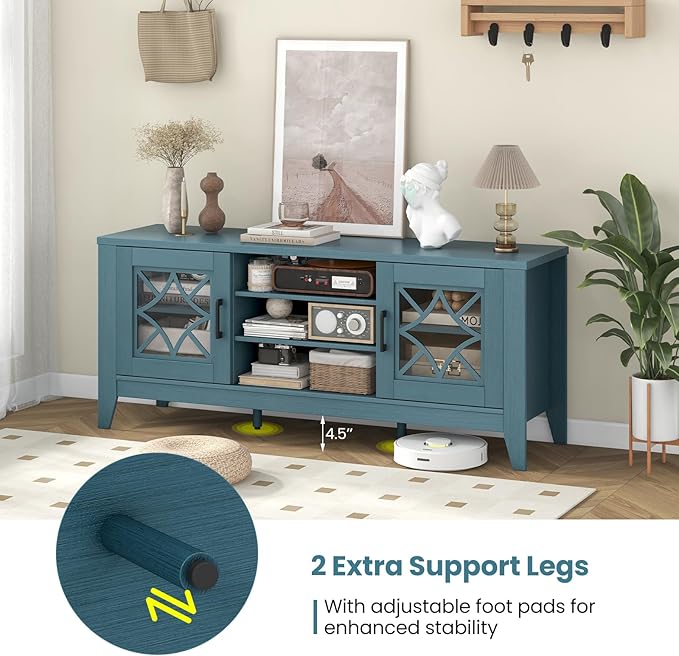 Tangkula Farmhouse TV Stand for TVs Up to 65-in, Classic Media Entertainment Center w/Glass Door Cabinets & 4 Adjustable Shelves, Modern TV Console Table w/ 3 Cable Holes for Living Room (Teal Blue)