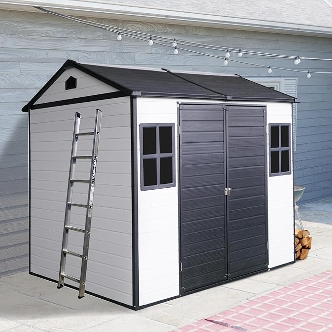 8' x 6' Resin Storage Shed Outdoor, PP Material & Strong Structure for All Weather, Plastic Garden Shed w/Window for Garden, Backyard, Poolside and Lawn, 15mm Thick PP Board - White