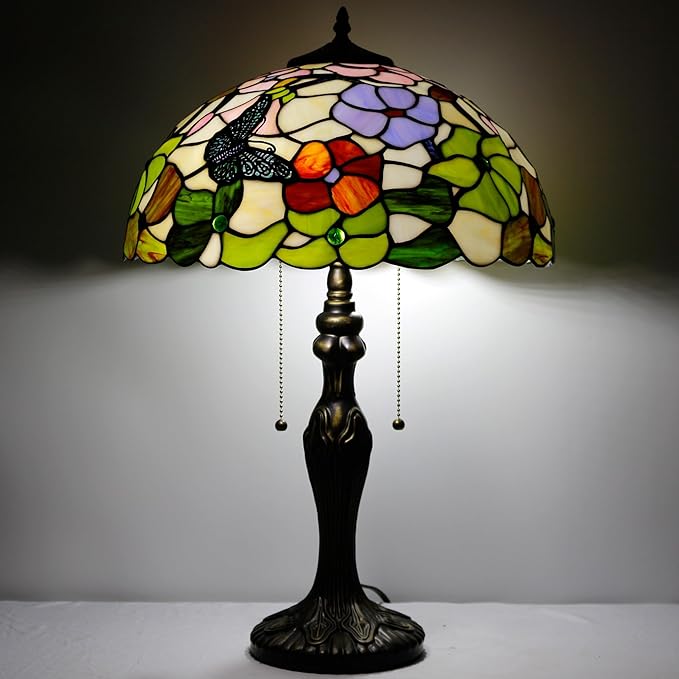 Tiffany Table Lamp Stained Glass Lamp 16X16X24 Inch Antique Reading Light (Butterfly Flowers)