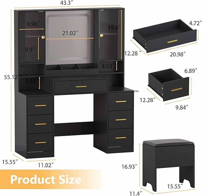 Black Makeup Vanity Desk with Mirror & Lights, Modern Vanity Table with Charging Station, 7 Drawers, Glass Cabinet, Shelves & Cushioned Stool, Bedroom Dressing Table Set for Women & Girls