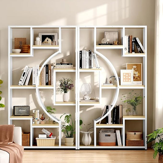 LGHM Bookshelf Set of 2 with Metal Frame, 5 Tier Geometric Bookcase, Adjustable Modern Book Shelf with 18 Open Storage Shelves, Display Shelf for Living Room, Office, Bedroom,Natural Oak
