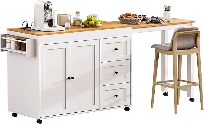 Rolling Kitchen Island on Wheels with Extendable Dining Table, Kitchen Storage Cart with 3 Drawers and Spice Rack, White