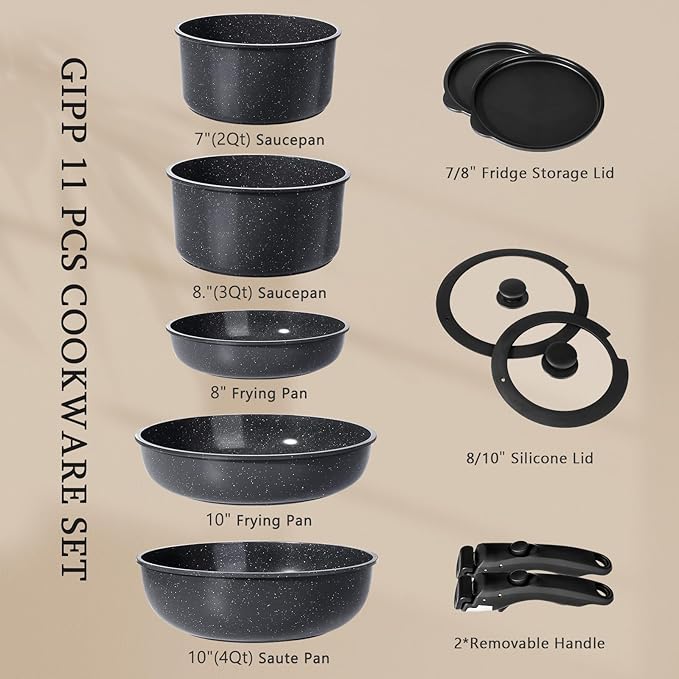 GiPP Ceramic Pots and Pans Set Non Stick, 11 Piece Nonstick Detachable Handle Cookware Sets, Non Toxic Induction Kitchen Pot and Pan with Removable Handle, Healthy RV Cookware, Dishwasher ＆Oven Safe