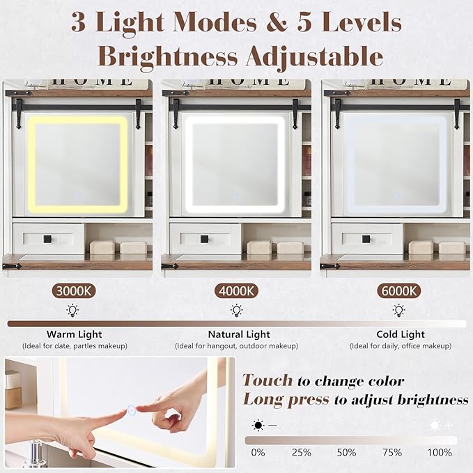 42'' Farmhouse Makeup Vanity Desk with Sliding Mirror and Lights, Glass Tabletop Vanity Table with Barn Door, 4 Drawers & Hidden Shelves, Rustic Big Vanity Women Dressing Table, Antique White