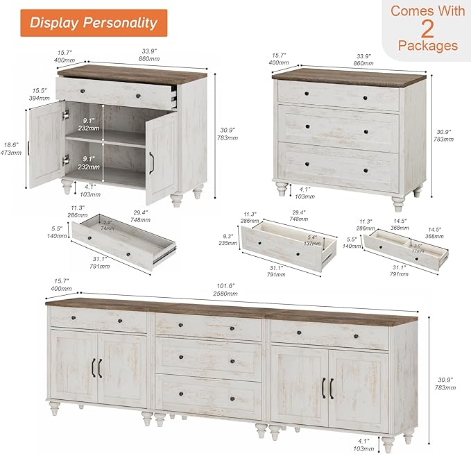 WAMPAT Farmhouse TV Stand for 100 Inch TV, 3-in-1 TV Console Table with 5 Drawers and 4 Doors, Entertainment Center, Kitchen Sideboard Buffet Cabinet for Dining Room, Rustic White