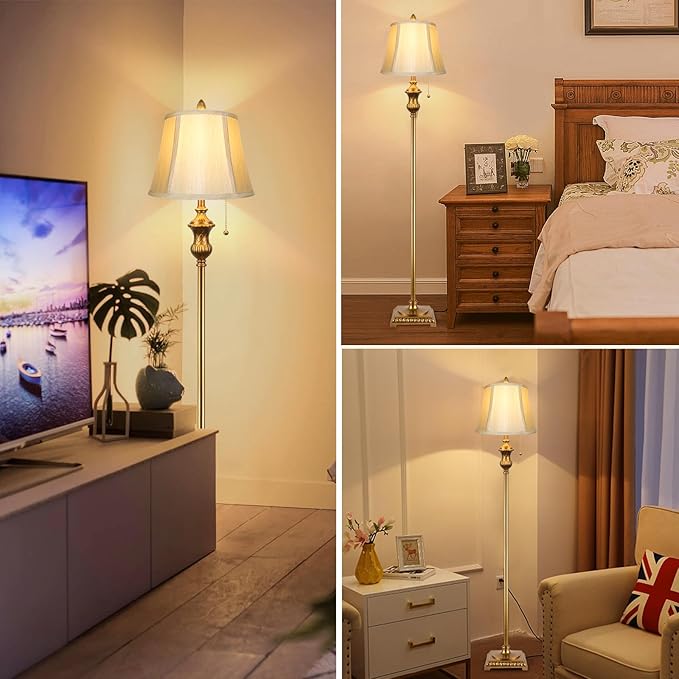 Gold Vintage Floor Lamp for Living Room, Traditional Mid-century Floor Lamp with Elegant Silk Fabric Lampshade, 64inch Tall Standing Lamp Bedroom LED Pole Lamp, Retro Stand Up Lamp for Home Office