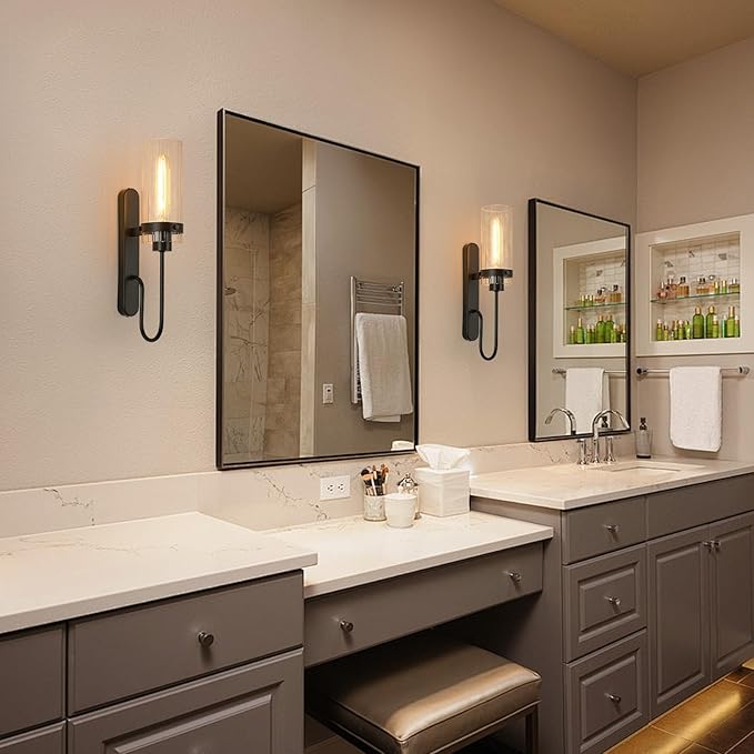 Bathroom Sconces Set of 2, Black Modern Vanity Lights with Clear Glass Shade, Indoor Farmhouse Wall Sconce for Living Room, Bedroom, Hallway, Stairwell and Kitchen
