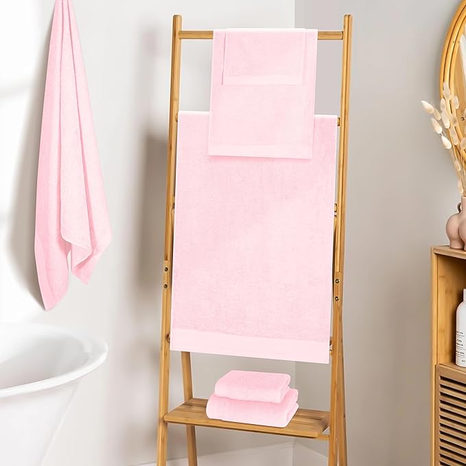 Ultra Soft 6 Pack Cotton Towel Set, Contains 2 Bath Towels 28x55 inch, 2 Hand Towels 16x24 inch & 2 Wash Coths 12x12 inch, Ideal Everyday use, Compact & Lightweight - Pink