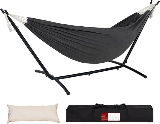 Lazy Daze Hammocks Double Hammock with 9ft Space-Saving Steel Stand Includes Portable Carrying Case, 450 Pounds Capacity (Dark Grey)