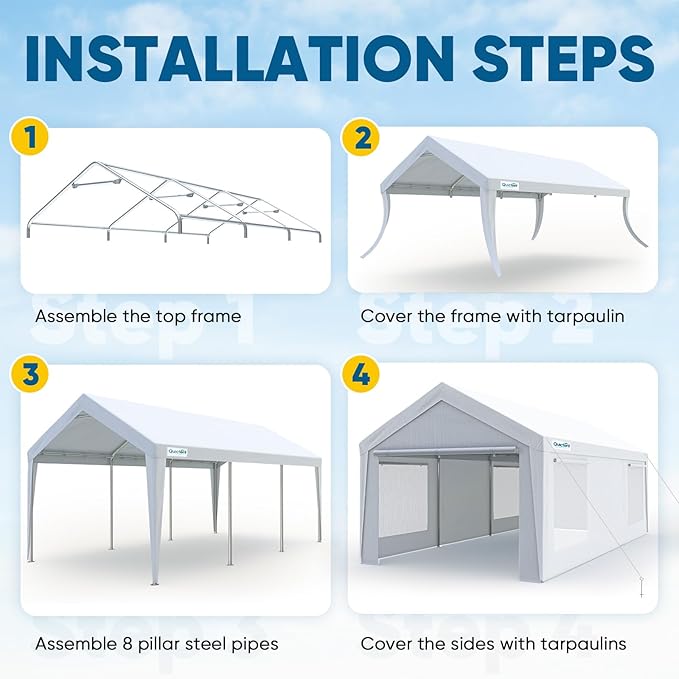 Quictent 12x20 ft Heavy Duty Carport Canopy Galvanized Car Tent Outdoor Garage Boat Shelter with Reinforced Structure with Roll-up Ventilated Windows Sidewall - White