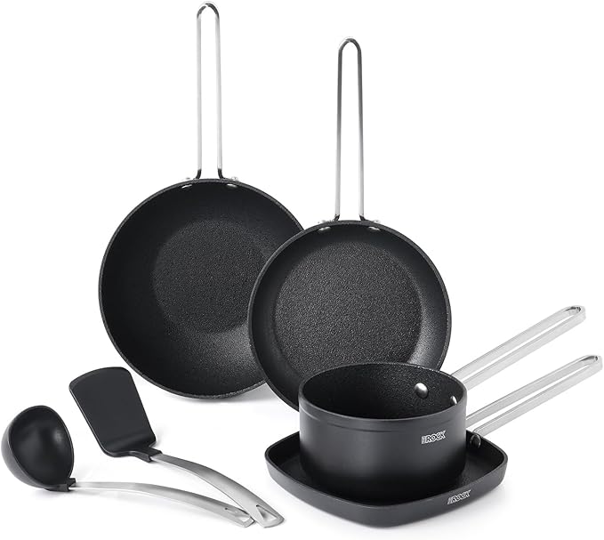 THE ROCK Single Serve Nonstick Pots and Pans Set, 6pc Portion Control Cookware Set with Rock.Tec, Scratch/Stain/Crack Proof, Oven & Dishwasher Safe, Perfect for Dorm, Camping & Small Kitchens, Black