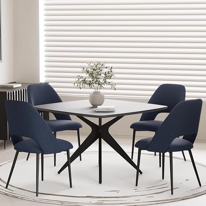 Kidol & Shellder 45.2" Square Dining Table Set for 2-4 People Modern MDF Wooden Dining Room Table with X-Shaped Metal Base Kitchen Table for Dining Room Kitchen Office（Black Table+4pcs Blue Chairs