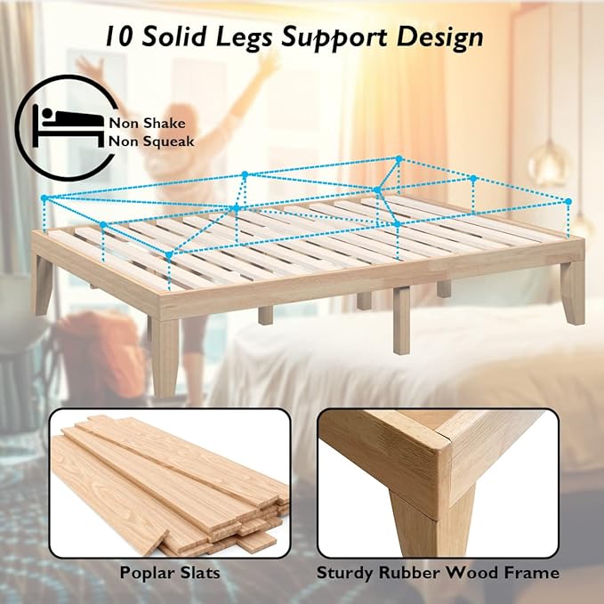 Giantex 14 Inch Queen Wood Platform Bed Frame, Minimalist Mattress Foundation with Solid Rubber Wood, Heavy Duty Slat Support, Without Headboard, Easy Assembly, No Box Spring Needed, Natural