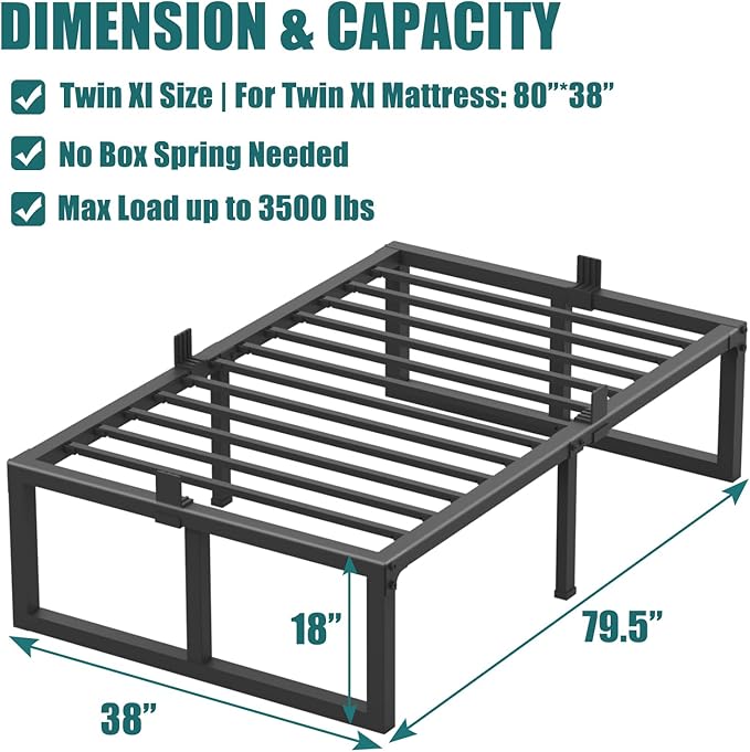 Twin XL Size Bed Frame, 18 Inch Heavy Duty Support 3500 lbs Metal Platform, No Box Spring Needed/Noise Free/Non-Slip/Steel Slat Support/Easy Assembly