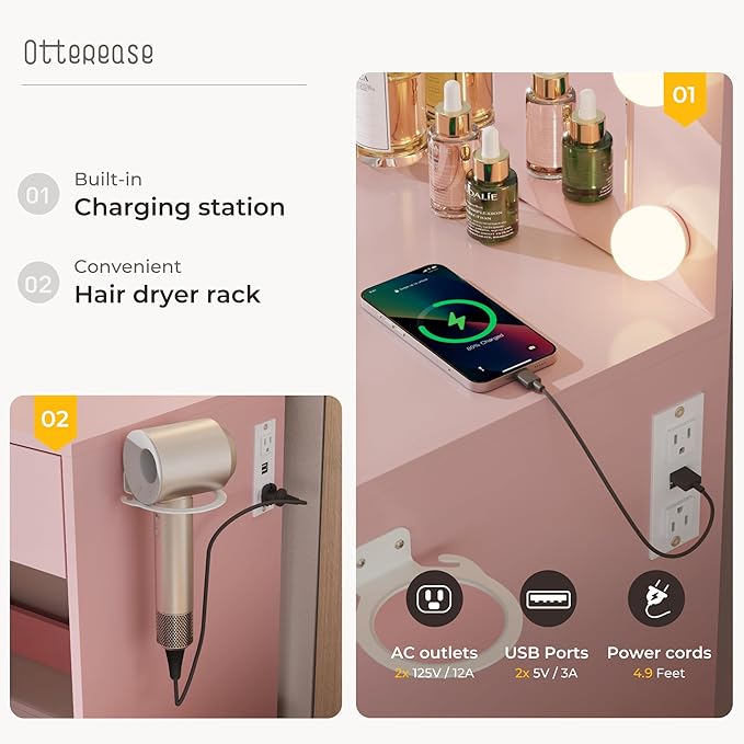 Vanity Desk with LED Lighted Mirror&Power Outlet, 3 Lighting Colors Makeup Vanity Desk with 5 Large Drawers and 3 Storage Shelves, Pink Vanity with Storage Stool for Bedroom