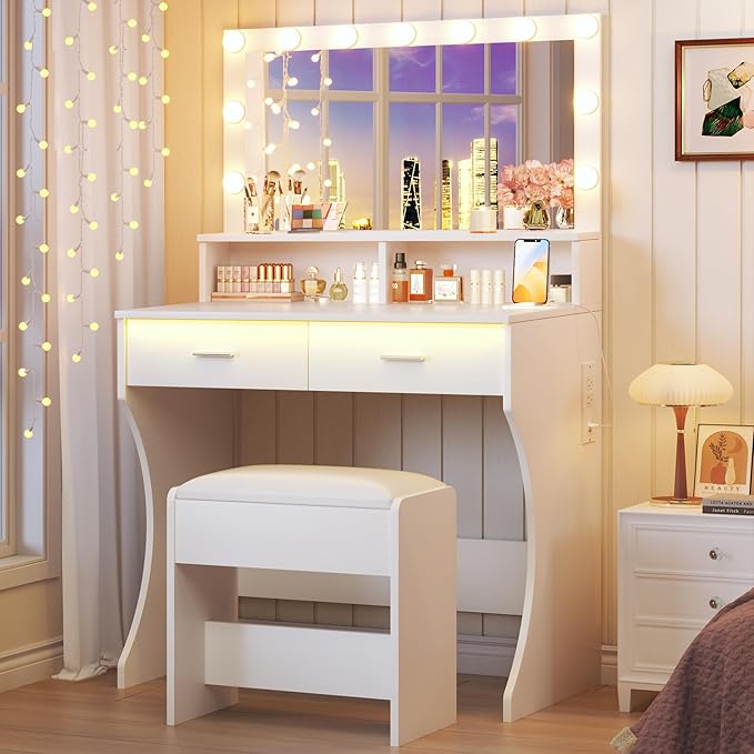 Vanity Desk with Mirror and Lights, Small Makeup Vanity with Chair and RGB Lights, White Vanity Table Set with 2 Drawers & Power Outlets, Open Shelves, 3 Color Modes Adjustable, White