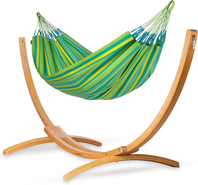 LA SIESTA® - XL King Brisa Classic Hammock & Elipso Stand - Larch Wood Hammock Stand - Weather & Tear Resistant - Backyard Outdoor Hammock with Stand - Family Hammock and Stand - Max 440 Lbs, Lime