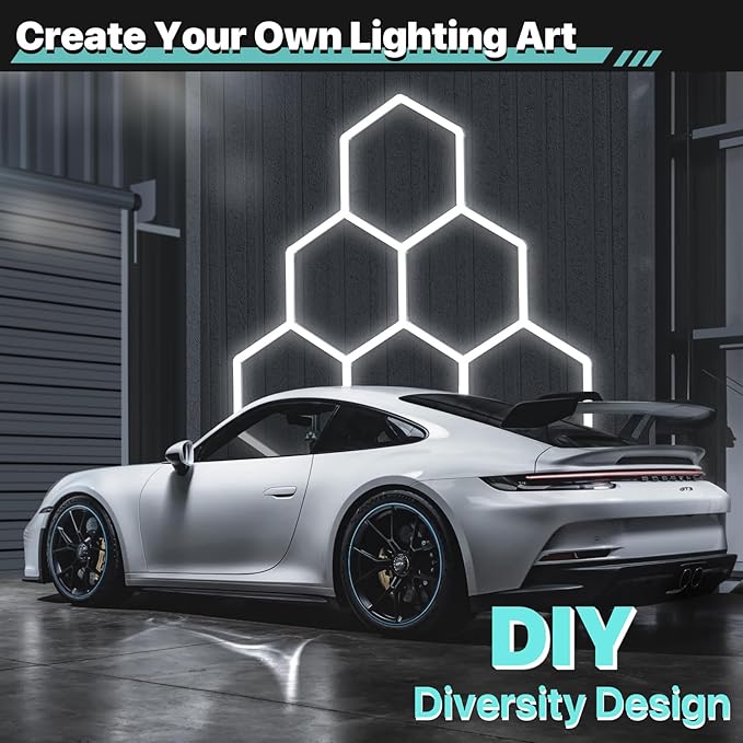 Hexagon Garage Lights: 329W 47Pack 11 Grids Hexagon LED Lights - Easy Install 6500K Super Bright Honeycomb Lights Ceiling for Garage, Warehouse, Car Detailing Shop, Exhibition Hall, Gym