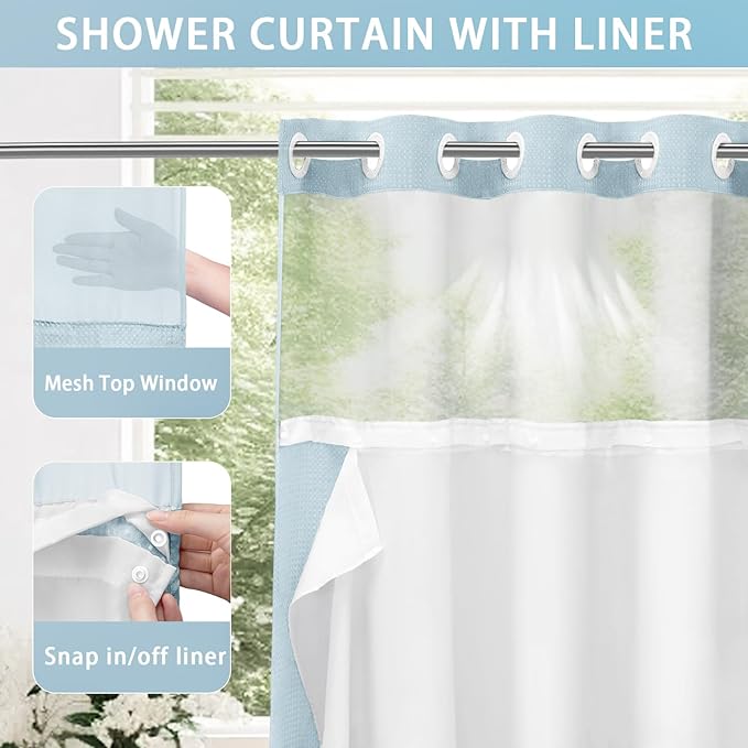 YellyHommy No Hook Shower Curtain with Snap in Liner Set Less Time Aqua Blue Waffle Shower Curtain for Bathroom 75" L x 72" W