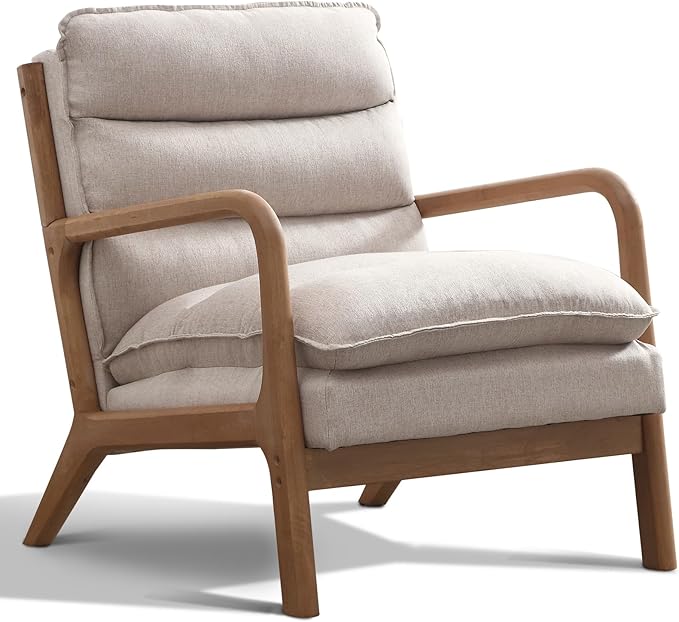 Phoenix Home Accent Chair Mid Century Lounge Chair PU Leather, Upholstered Reading Armchair with Lumbar Pillow & Solid Wood Frame for Office, Living Room Bedroom, Balcony, Beige