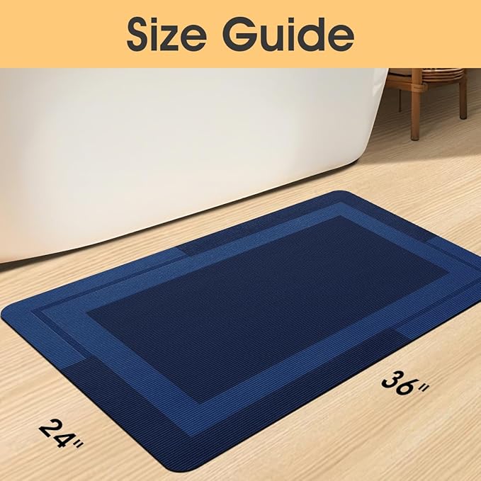 Ultra Thin Bath Mats Fit Under Door, Upgrade Backing Non Slip Bath Mat, Quick Dry Ultra Absorbent Bath Mat, Machine Washable Bathroom Rugs for Bathroom Floor, Bathtub, Kitchen, Dark Blue, 36"x24"