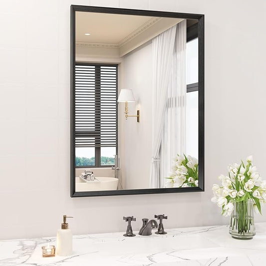 Rectangle Bathroom Mirror 28x36 Inch, Matte Black Framed, 4MM Tempered Glass, Anti-Rust, Wall-Mount Vanity Mirror for Bathroom & Bedroom, Hangs Horizontally or Vertically