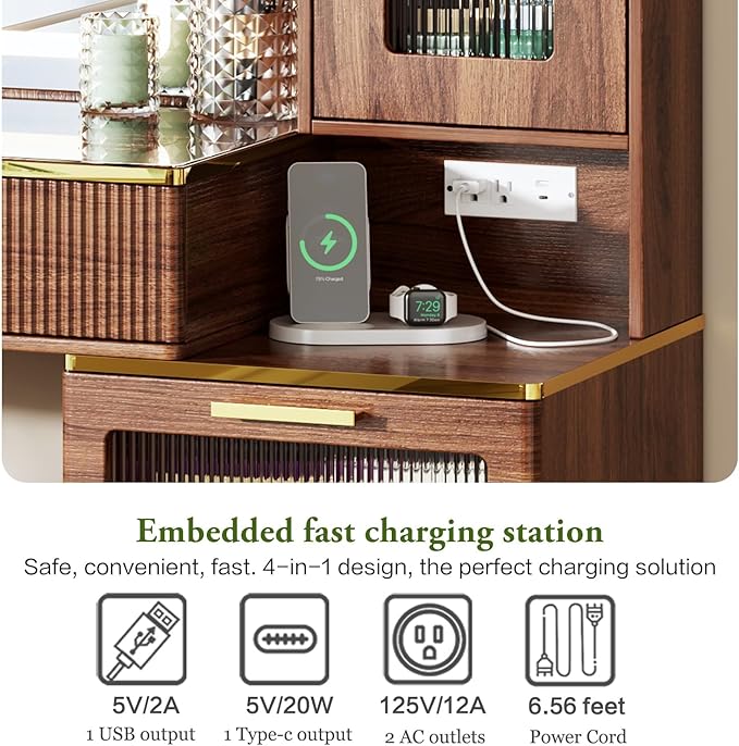 47.24" Big Modern Vanity Desk with Mirror and Lights,Makeup Vanity Desk with 5 Drawers and Storage Shelves & Power Outlet,Dressing Table with Glass Top, Brown