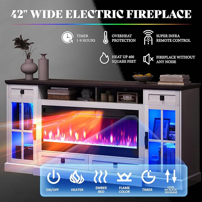 AMERLIFE 70“ Fireplace TV Stand for 80 Inch TV, Farmhouse TV Stand with 42" Fireplace & LED Lights, Entertainment Center with Storage Drawers & Cabinets, Antique White