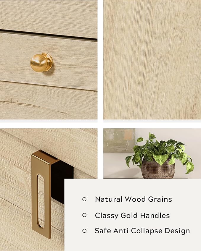 6 Drawer Dresser for Bedroom 47" Wide Chest of Drawers Mid Century Modern Wooden Storage Dresser Organizer TV Stand for Living Room, Hallway, Light Oak