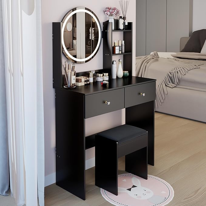 31.5" Small Vanity Desk with Mirror and Lights, Makeup Table with Led Lights, 3 Lighting Colors, Vanity Set with 2 Drawers and Stool for Small Space Bedroom, Black