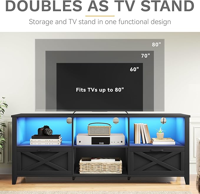 DWVO 70 Inch Farmhouse TV Stand with LED Lighting, Fits TVs up to 80 Inches, Media Console with Storage and Customizable Divider, Entertainment Center for Living Room (Black)