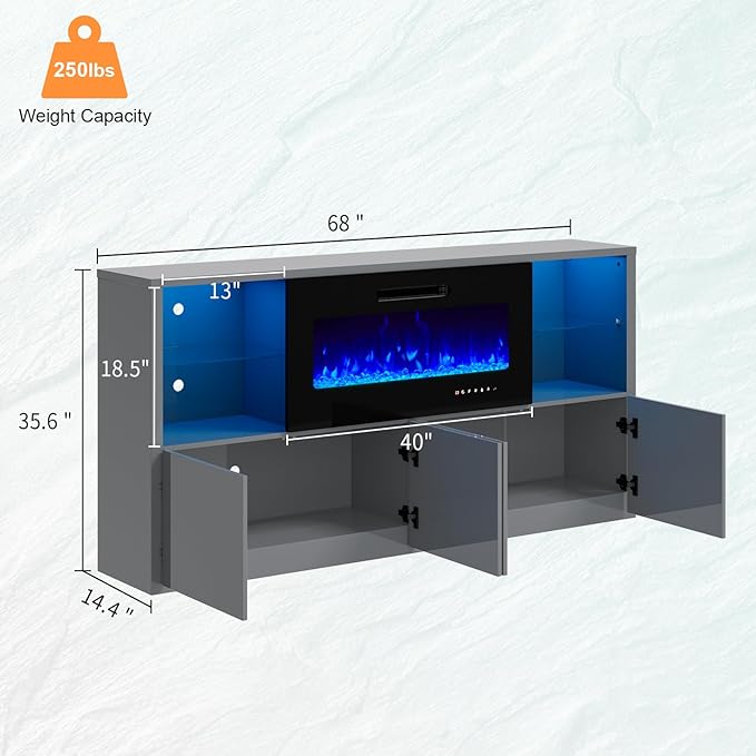 68" Modern Fireplace TV Stand for TVs up to 75", High Gloss Entertainment Center with 40" Fireplace, 4 Shelves & Storage Cabinets, Media Console Table,Grey